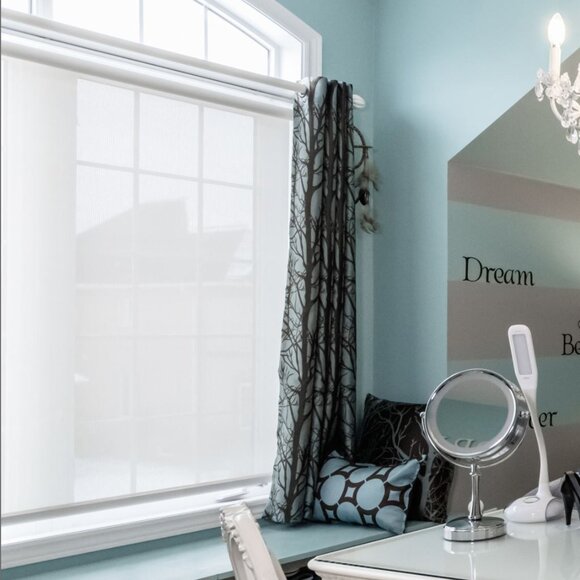 Two panels teal brown tafetta 8 bronze grommet short drapes 54x65 inches - Picture 1 of 5